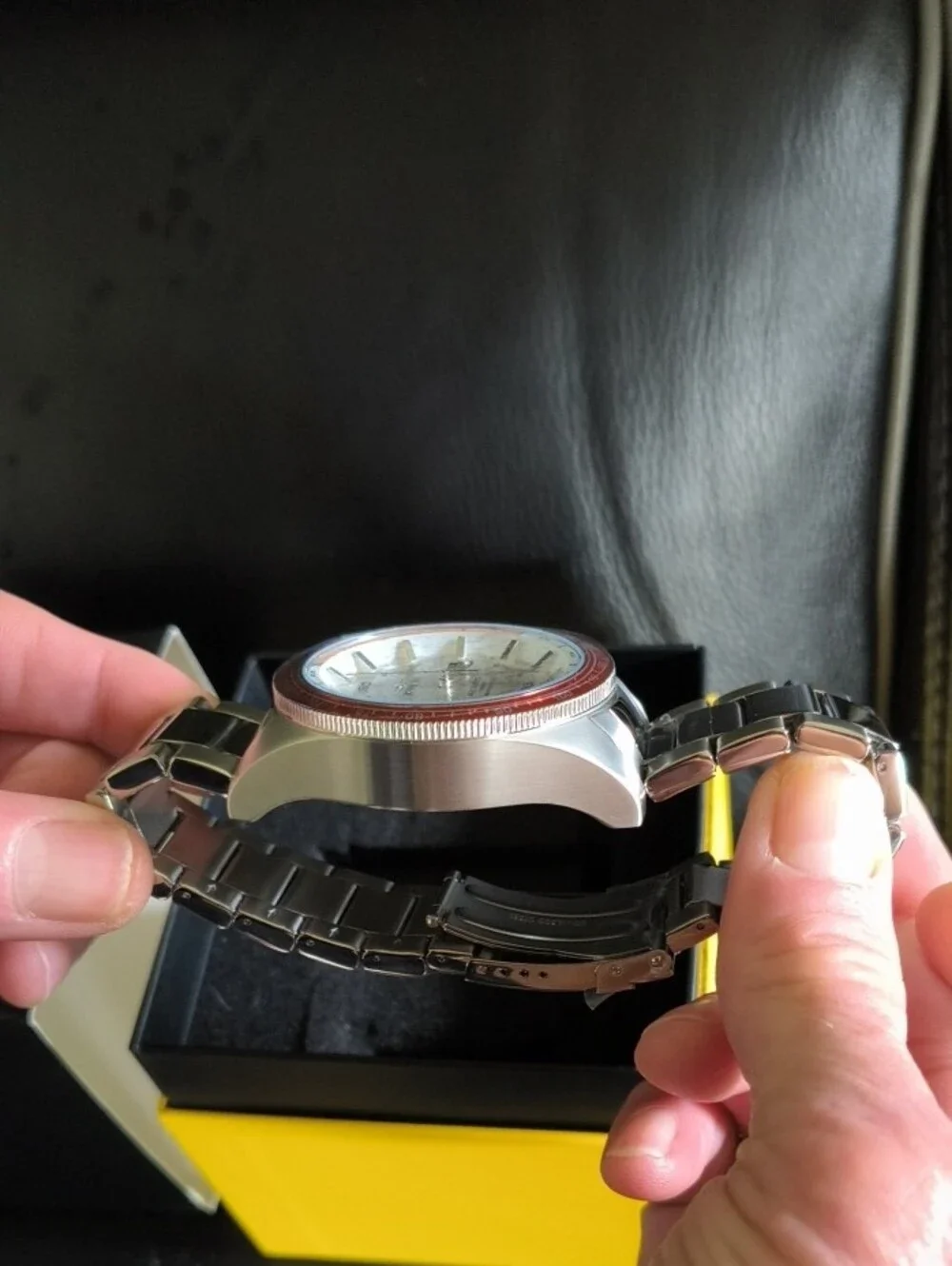 Invicta Men’s Silver Watch with Orange Bezel and Cream Dial